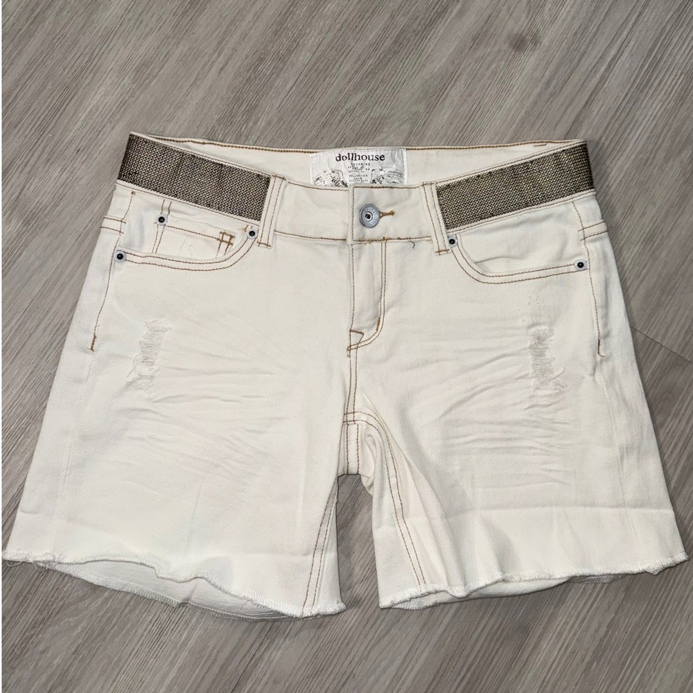 Dollhouse White Denim Shorts Gold Metallic Trim Distressed Raw Hem Size 7